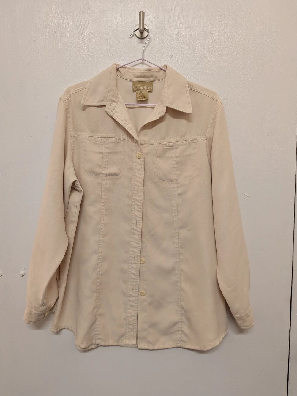 Vintage 90s/Y2K Cotton Ginny Long Sleeve Button-Up Shirt In Beige, Size S